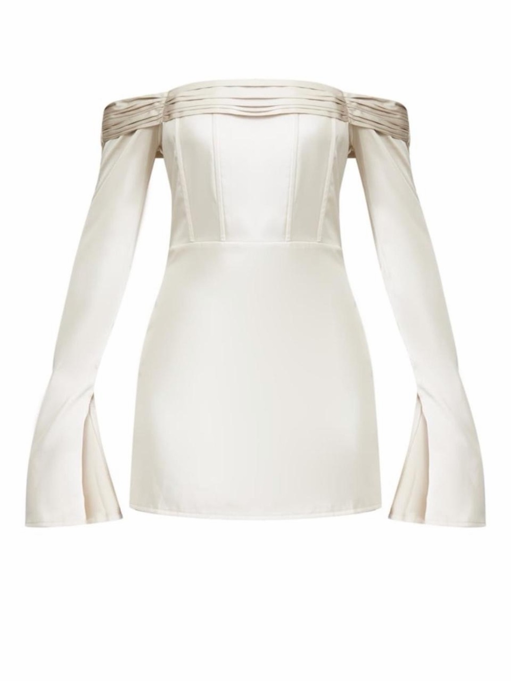 PrettyLittleThing Cream Off-Shoulder Satin Mini Dress with Flared Sleeves